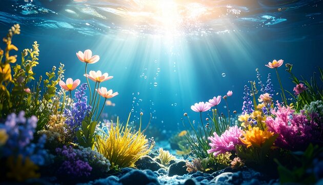 Magical Underwater Flower Garden with Sun Rays Streaming Through Water. - Powered by Adobe