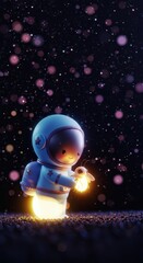 A charming astronaut, glowing warmly, walks through a starry night, accompanied by a friendly firefly.