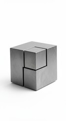 Fototapeta premium A contemporary, geometric puzzle cube, composed of interlocking, gray metal squares, against a simple white background, evokes a sense of precision and spatial organization.