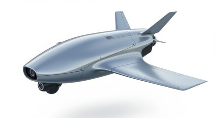 Fototapeta premium A futuristic, silver-toned aircraft with sleek lines and multiple cameras floats against a plain white backdrop.
