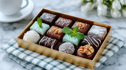 Assorted Chocolate Pralines in Golden Box with Mint on Marble Surface
