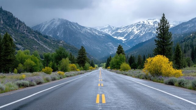 Asphalt Road Stretching into Distant Snow Capped Mountains with Lush Green Trees and Yellow Flowers Under Cloudy Sky