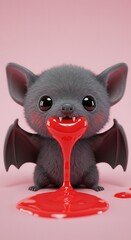 Fototapeta premium A cute, cartoonish bat, with expressive eyes, devours a dripping stream of red liquid, against a soft pink background.