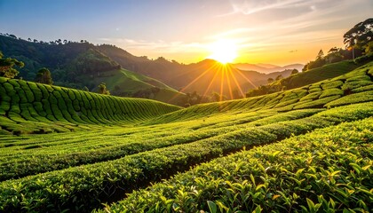 Lush tea plantation at sunrise
