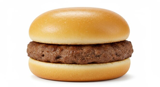 A single, freshly made hamburger sits on a plain white background, showcasing the golden-brown bun and a rich, cooked patty.