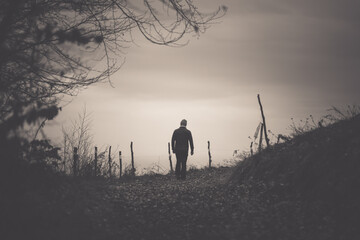 Man walking in a foggy autumn landscape
