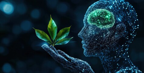 Futuristic digital human head with AI brain nurturing nature