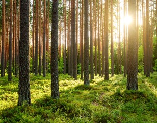 Fototapeta premium Sunbeams through a pine forest