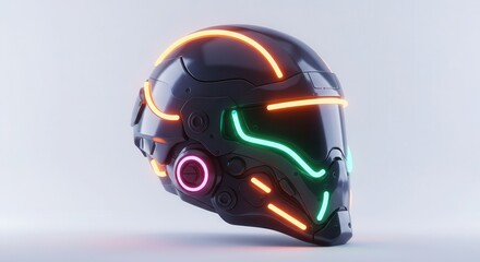 Fototapeta premium A futuristic, dark gray helmet, highlighted by vibrant neon orange and teal accents, sits prominently against a simple white backdrop.