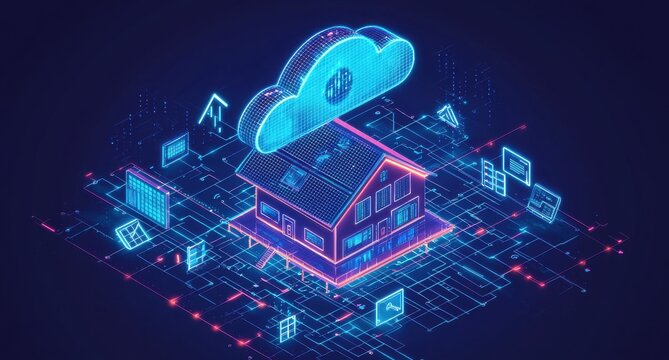 Futuristic smart home with cloud computing in digital design