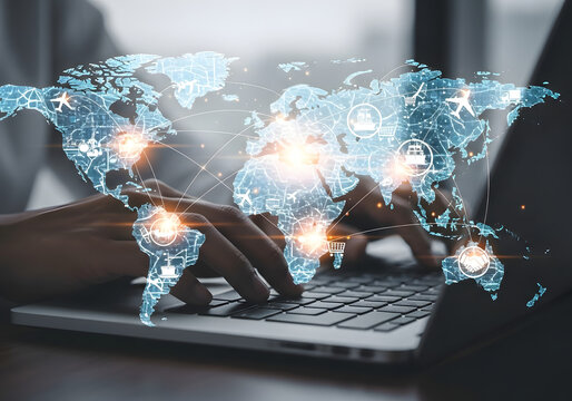 Closeup of hands typing on a laptop keyboard with a glowing digital world map overlay, symbolizing global connectivity and online business - Powered by Adobe