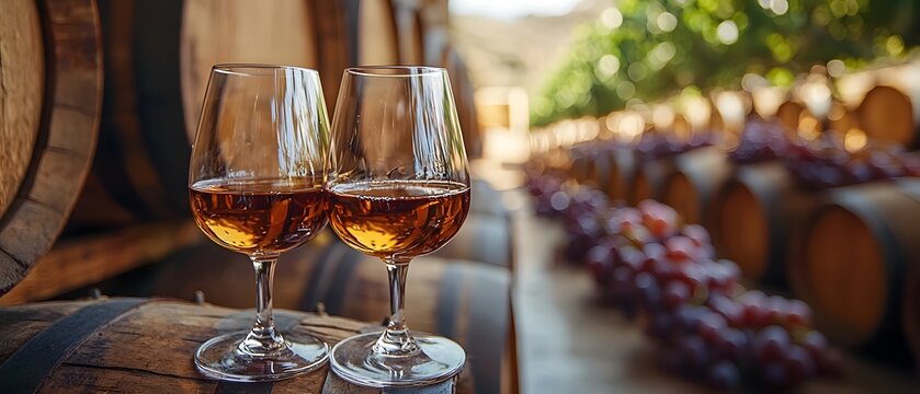 Two glasses of amber liquid rest on aged wooden barrels in a rustic winery setting with grapes