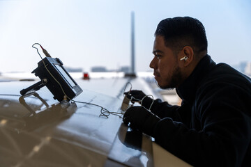 Latino male Aircraft inspector performing an Eddy current test on the aluminum skin on top of a 757 commercial airplane. 