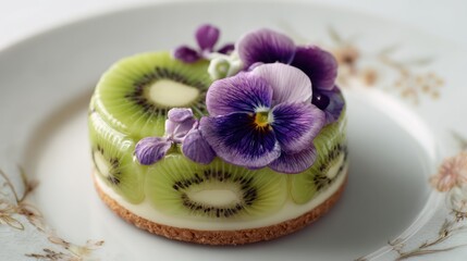 A petite kiwi tart topped with edible flowers, presented on a decorative plate, showcasing culinary artistry and fresh ingredients