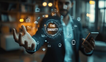 Businessman interacting with digital smart home interface