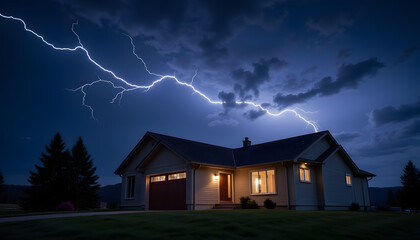 Dramatic lightning strikes over suburban home at night, nature's power