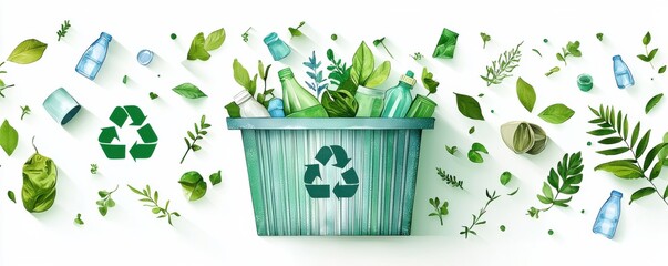 Recycling concept with green bin and foliage in paper art style