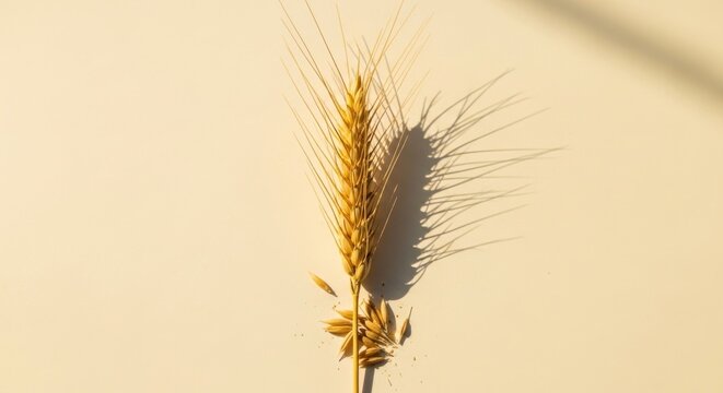 ears of wheat with reflection on cream colored solid surface 