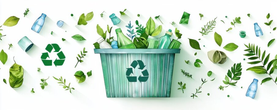 Recycling concept with green bin and foliage in paper art style