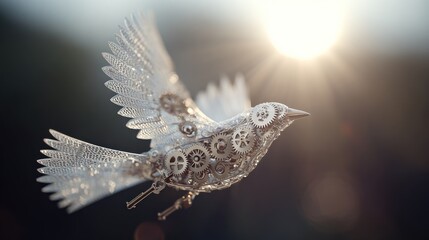 A mechanical bird with gears and cogs flies towards the sun, a symbol of freedom and innovation in a bright, airy scene