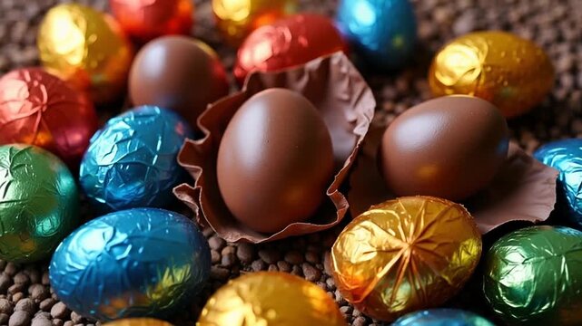Vibrant chocolate Easter eggs shimmer in festive foil wrappers, a delightful holiday treat celebration