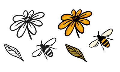 Fototapeta premium Set of hand-drawn bee, flower, and leaf illustrations, black outline and colored versions, cute cartoon style, isolated on white background.