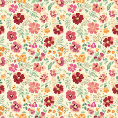 Fototapeta premium A delicate floral pattern with abundant small blossoms and green leaves on a cream background.