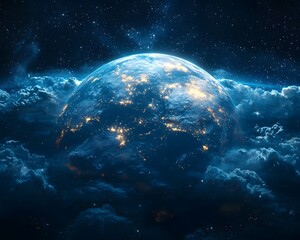 A glowing Earth seen from space enveloped by dark clouds and bright stars in the vast universe