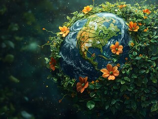 A vibrant Earth embraced by lush green vines and blooming orange flowers symbolizing nature s resto n and ecological balance