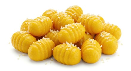 A pile of golden-yellow gnocchi, dotted with white seasoning, is showcased against a plain white background.