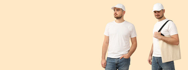 Two men present clothing mockup displaying casual white t-shirts