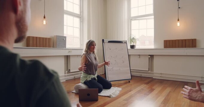 Yoga teacher leading a mixed age range group
of students through breathing exercises during
a beginners yoga class