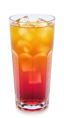 A tall, clear glass filled with a layered, refreshing drink featuring orange and red hues, accentuated by ice cubes.