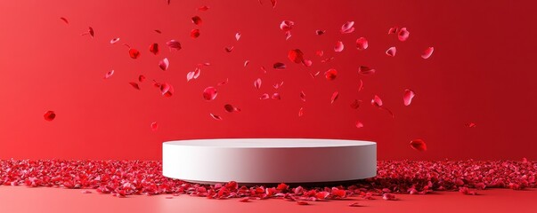 White podium surrounded by red rose petals on vibrant background