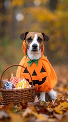Jack Russell Terrier in a pumpkin costume with candy