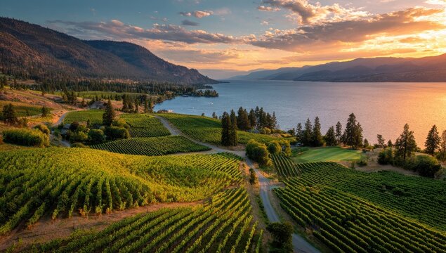 Vineyards, lake, and mountains at golden sunset