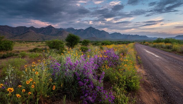 Dusty road winding through wildflowers, mountains in background at sunset