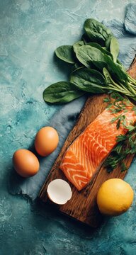 Fresh salmon fillet, spinach, eggs, and lemon on a wooden board
