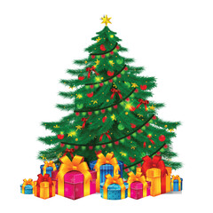 Decorated Christmas tree vector with ornaments, baubles and gift boxes for festive holiday celebration and seasonal design