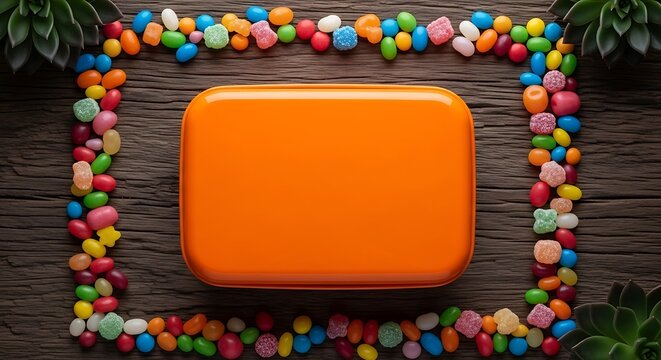 Candy Frame Mockup Colorful Jelly Beans Border on Wood Background