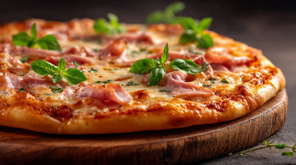 Close up of a prosciutto pizza with fresh basil leaves on a wooden serving board top