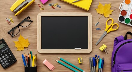 Back to School Supplies on Wooden Table with Chalkboard Flat Lay
