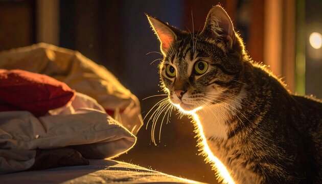 A tabby cat illuminated by a soft light source, with a focus on its face