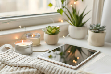 Flat lay composition with tablet, neutral stationery, green plants, and candles on a clean desk, soft diffuse daylight, calm minimal lifestyle setup