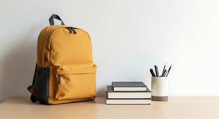 Modern Mustard Yellow Backpack and School Supplies on Wooden Desk