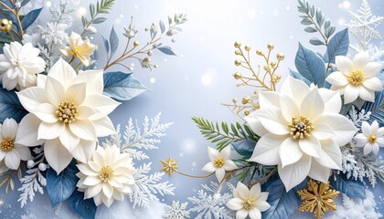 Elegant Winter Floral Arrangement with White Poinsettias and Frosty Leaves.