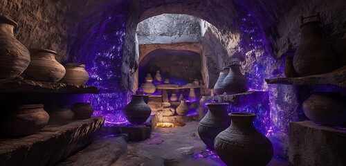 Quantum archive chamber filled with ancient pottery pulsing in violet AI light