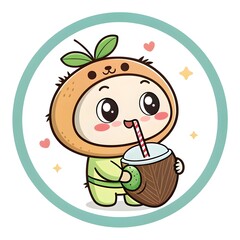 Chibi Cartoon Of A Coconut Smoothie Sipping Through A Straw, Cute Tropical Drink Character Radiating Joy, Summery Refreshment, And Kawaii Playful Food-Inspired Personality