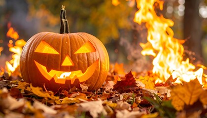 Jack-o'-lantern in autumn leaves with flames