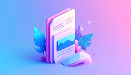 Digital document with 3D elements and foliage